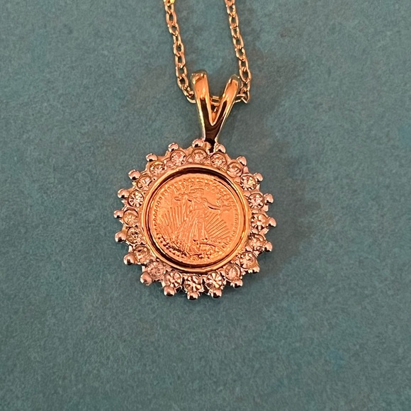 Vintage Liberty coin necklace w/ simulated diamonds, panda on other side of coin - Picture 1 of 4